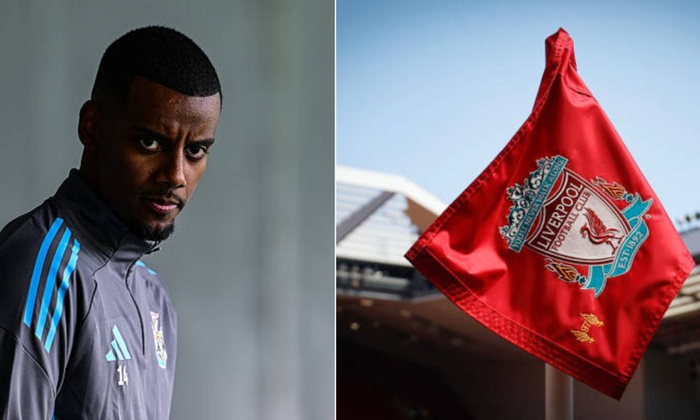 Split image of Newcastle star Alexander Isak and Liverpool flag