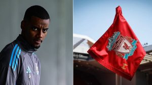 Split image of Newcastle star Alexander Isak and Liverpool flag