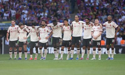 Liverpool players during the penalty shoot-out during the 2025 FA Community Shield match between Crystal Palace and Liverpool