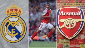 Collage featuring Real Madrid and Arsenal logos with William Saliba.