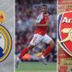 Collage featuring Real Madrid and Arsenal logos with William Saliba.