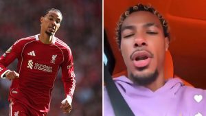 Split image of Hugo Ekitike in action for Liverpool and screengrab from his snapchat story