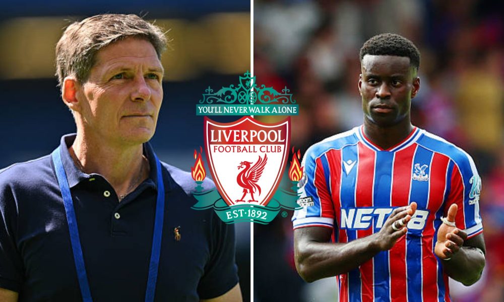 Split image of Oliver Glasner and Marc Guehi with overlay of Liverpool badge