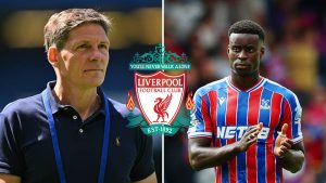 Split image of Oliver Glasner and Marc Guehi with overlay of Liverpool badge