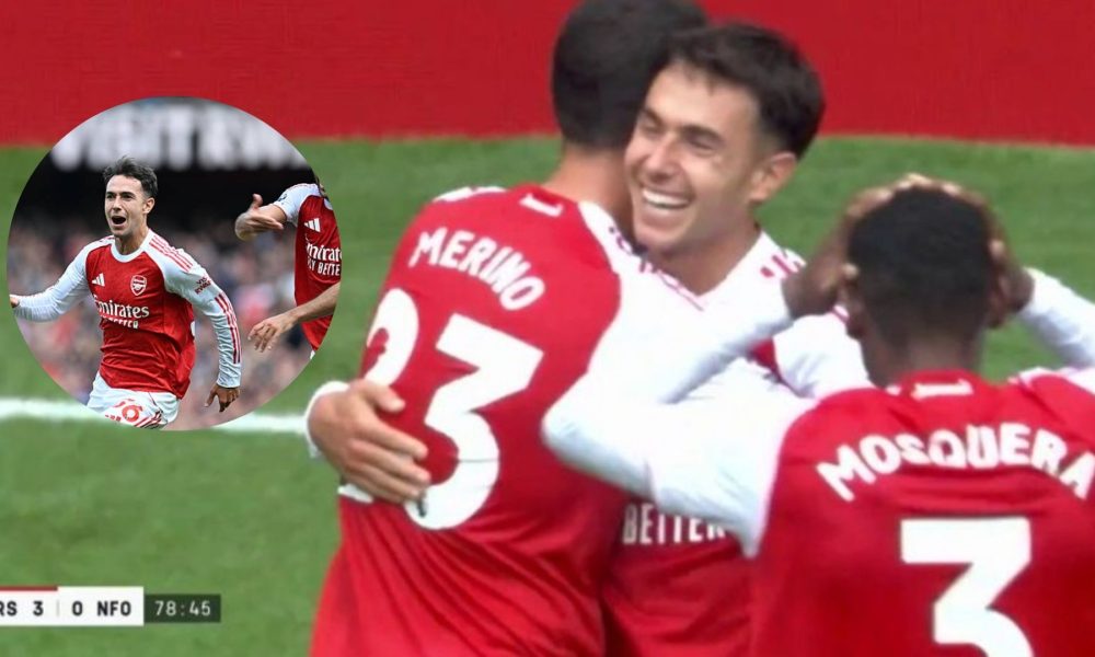 Martin Zubimendi celebrating his goal with his teammates, overlay of Zubimendi celebrating after scoring