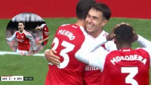 Martin Zubimendi celebrating his goal with his teammates, overlay of Zubimendi celebrating after scoring