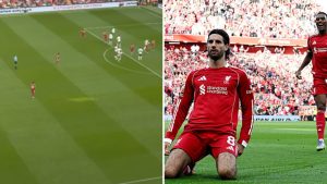 Split image of a screengrab from Szoboszlai's free-kick vs Arsenal and Dominik Szoboszlai celebrating his goal