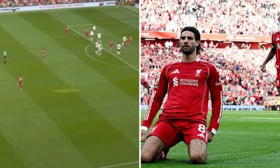 Split image of a screengrab from Szoboszlai's free-kick vs Arsenal and Dominik Szoboszlai celebrating his goal