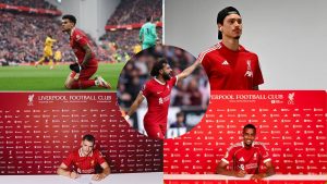 A collage of Luis Diaz, Darwin Nunez, Florian Wirtz, Alexander Isak with overlay of Mohamed Salah.
