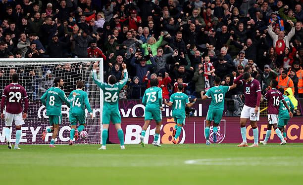 Liverpool players celebrating Mo Salah's penalty winner.