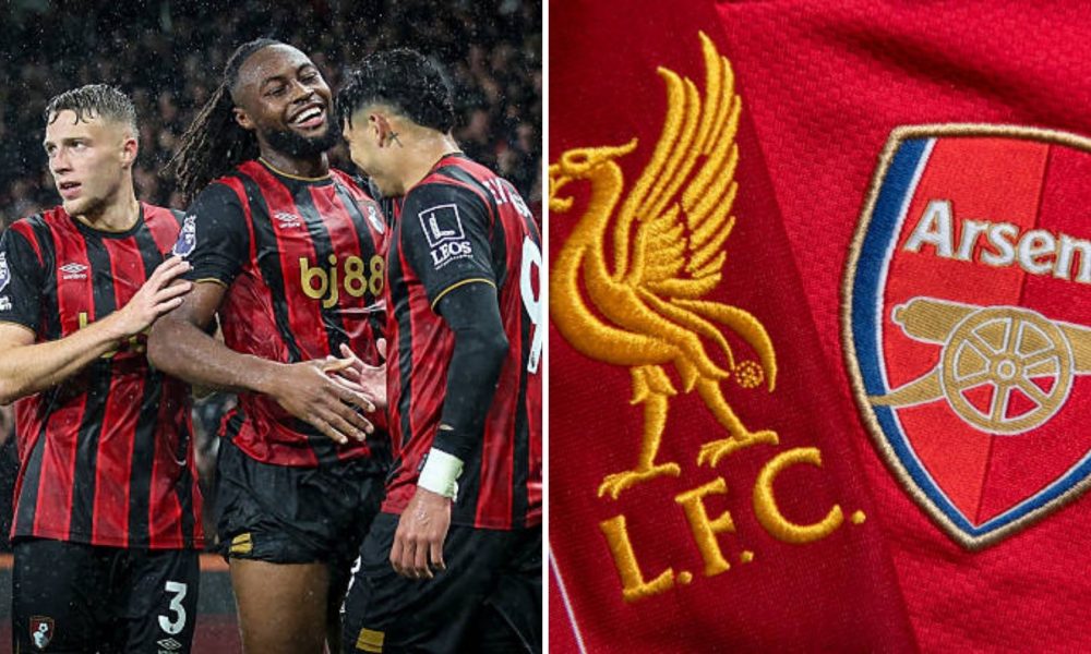 Bournemouth players celebrate with Liverpool and Arsenal logo in another picture.