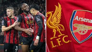 Bournemouth players celebrate with Liverpool and Arsenal logo in another picture.