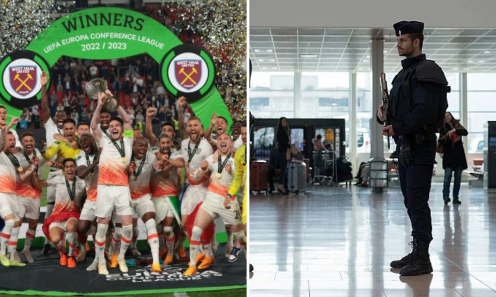 West Ham celebrations and Marseille airport side by side image.