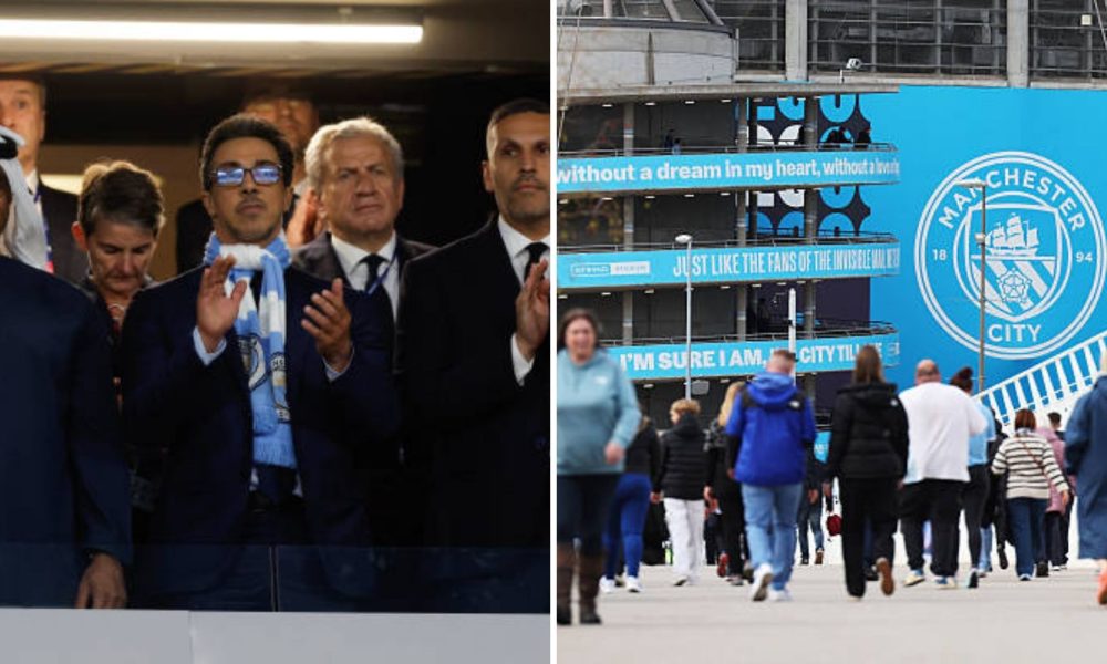 Manchester City owners and view outside stadium.
