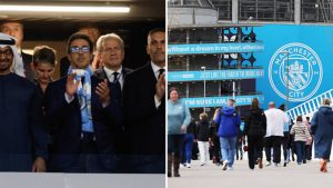 Manchester City owners and view outside stadium.