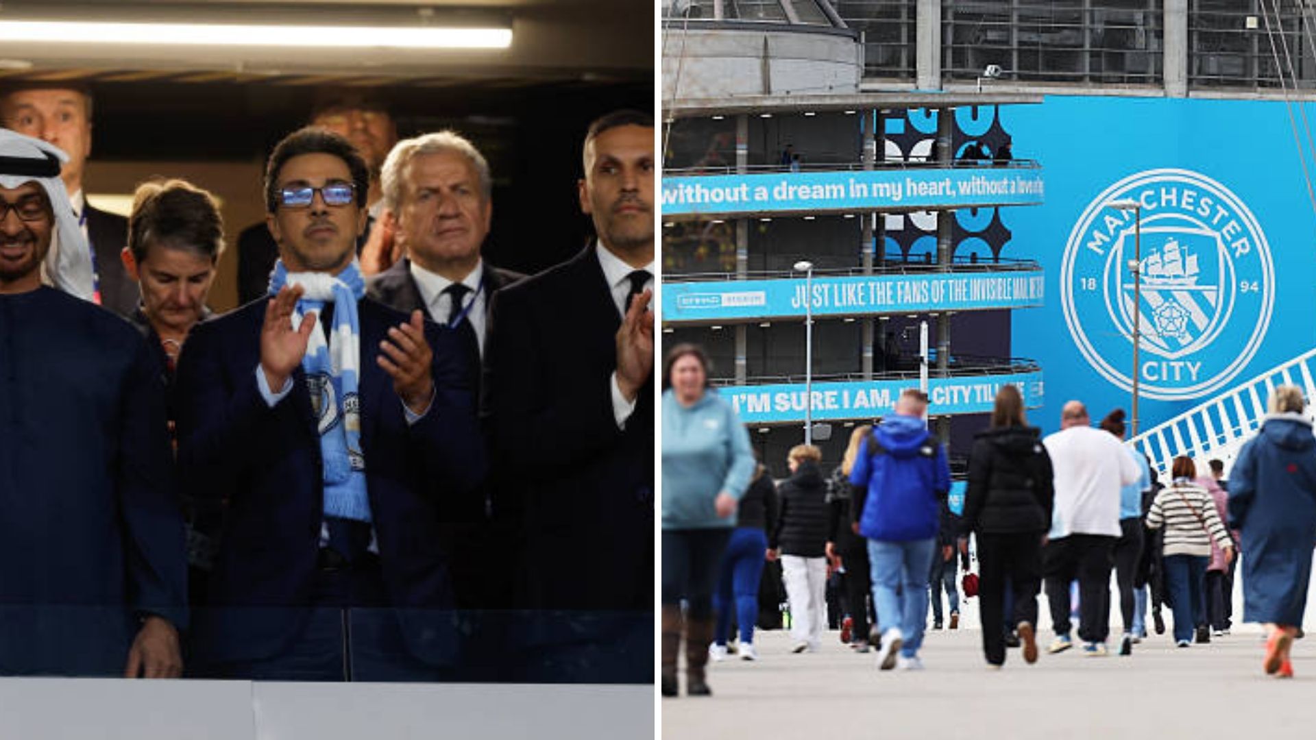 Manchester City owners and view outside stadium.