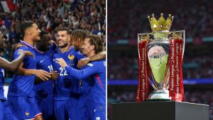 Collage of French players and the Premier League trophy.