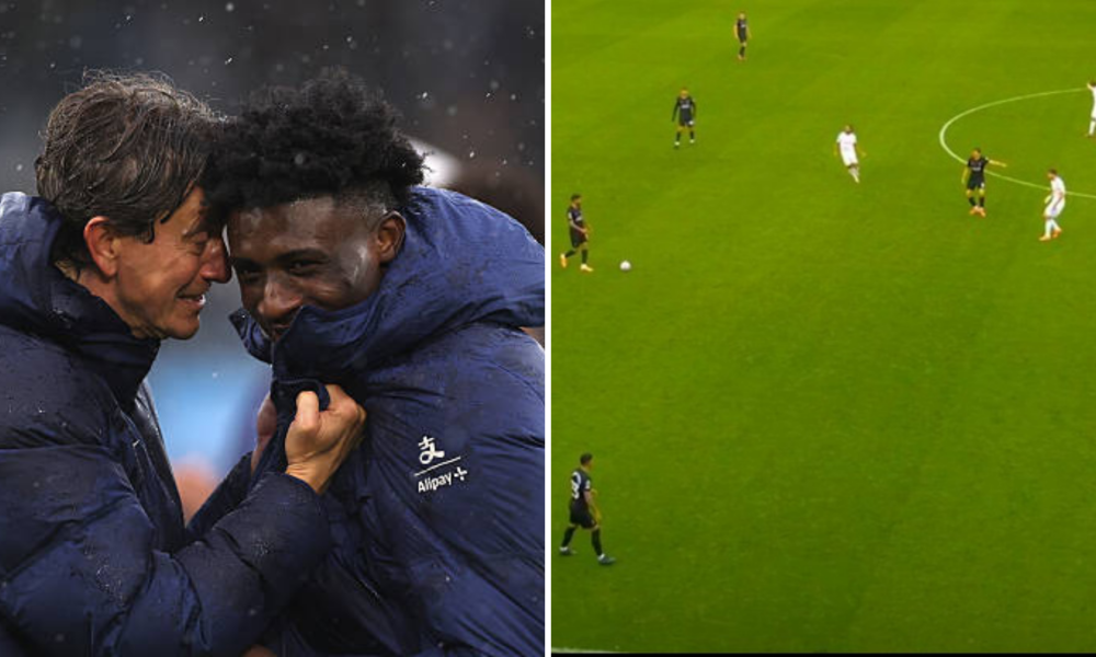 Split image of Thomas Frank and Mohammed Kudus celebrating Tottenham's win vs Leeds and screenshot from Kudus goal vs Leeds United