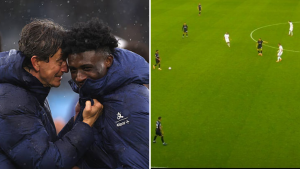 Split image of Thomas Frank and Mohammed Kudus celebrating Tottenham's win vs Leeds and screenshot from Kudus goal vs Leeds United