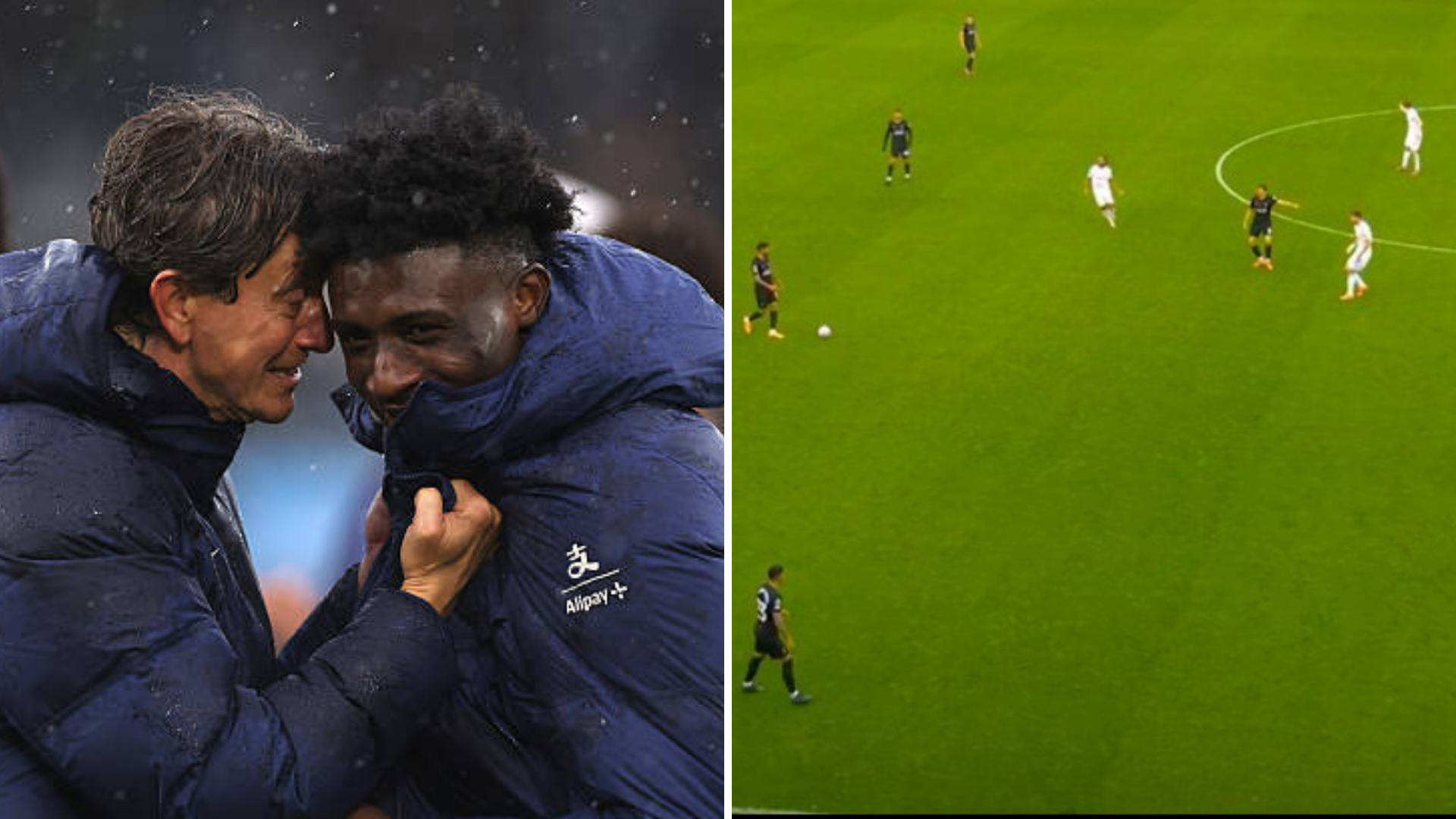 Split image of Thomas Frank and Mohammed Kudus celebrating Tottenham's win vs Leeds and screenshot from Kudus goal vs Leeds United