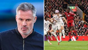 Split image of Jamie Carragher and Maguire scoring vs Liverpool