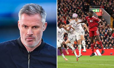 Split image of Jamie Carragher and Maguire scoring vs Liverpool