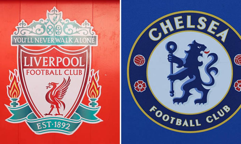 Split image of Liverpool badge and Chelsea badge