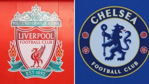 Split image of Liverpool badge and Chelsea badge