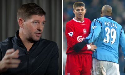 Split image of Steven Gerrard on Rio Ferdinand's podcast and Gerrard and Nicolas Anelka in action