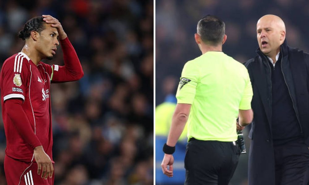 Michael Oliver, Virgil van Dijk and Arne Slot