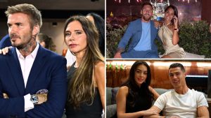 Collage of David and Victoria Beckham, Cristiano Ronaldo and Georgina Rodriguez, Lionel Messi and Antonela Roccuzzo
