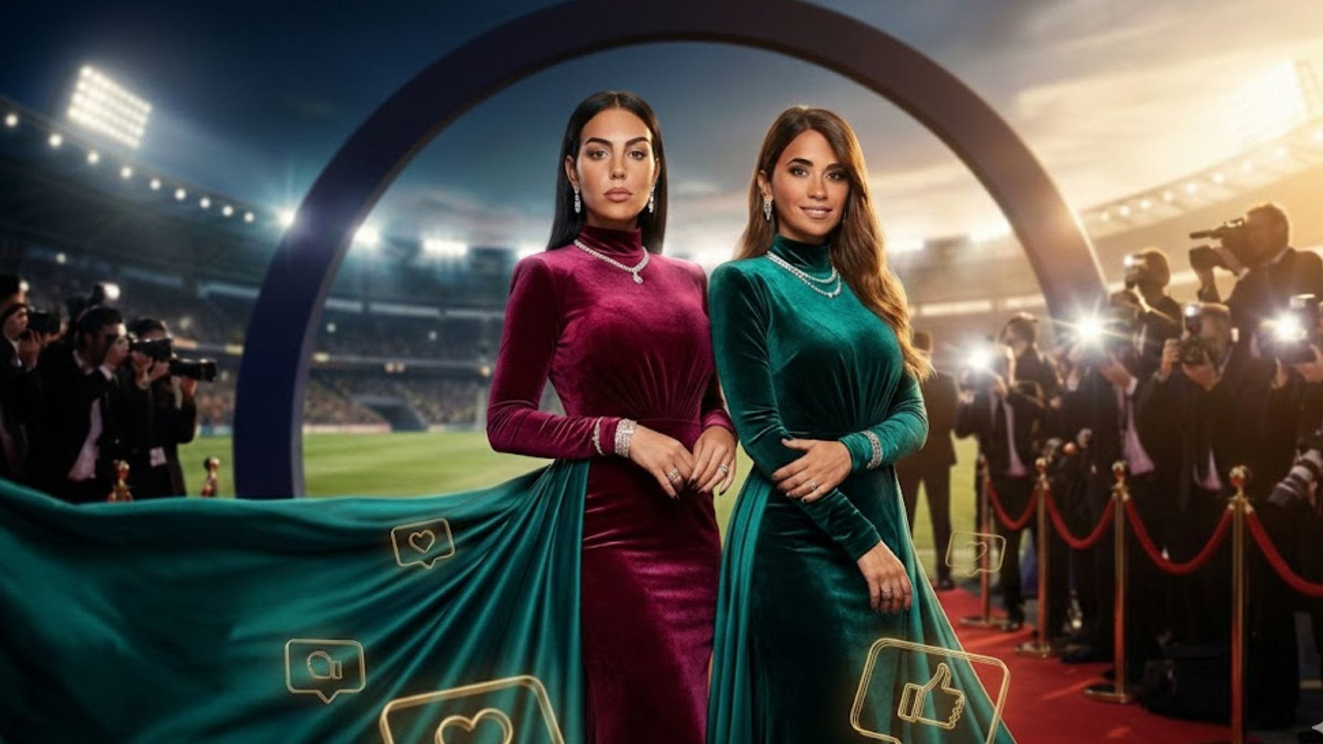 High-end magazine-style image of football lifestyle influencers and footballers’ partners with elegant fashion and a refined sports atmosphere.