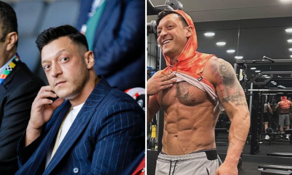 Split image of Mesut Ozil showing him sitting with Turkish government officials and his incredible physical transformation