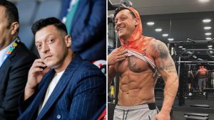 Split image of Mesut Ozil showing him sitting with Turkish government officials and his incredible physical transformation