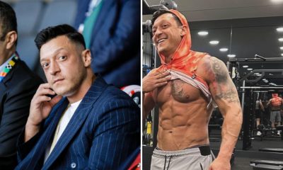 Split image of Mesut Ozil showing him sitting with Turkish government officials and his incredible physical transformation