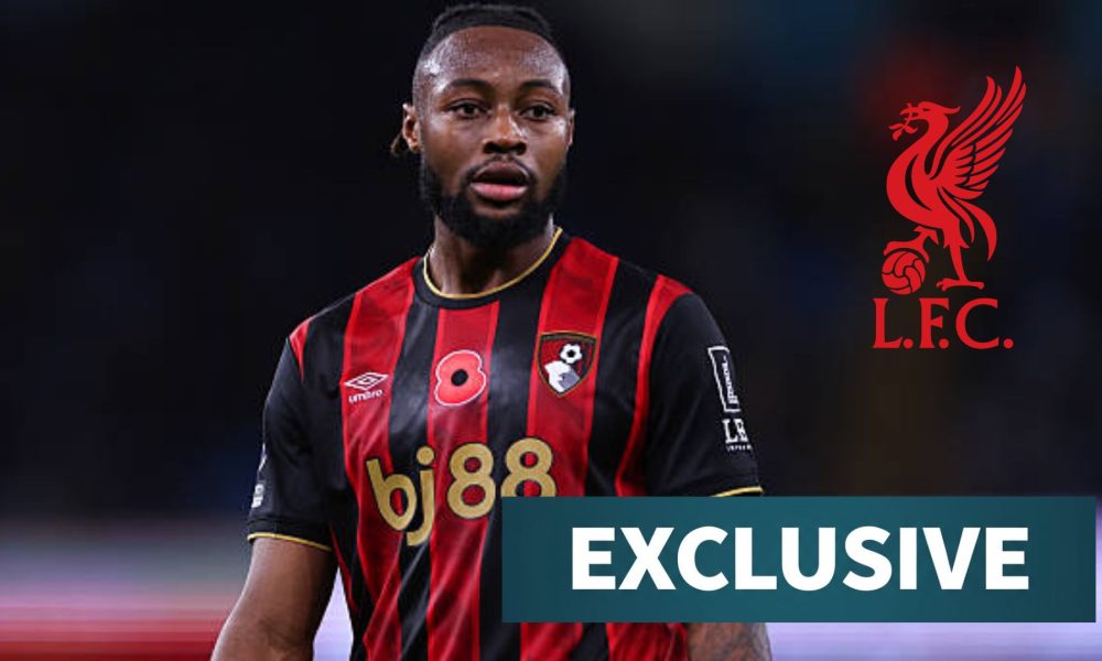 Antoine Semenyo in action for Bournemouth with overlay of Liverpool logo