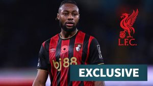 Antoine Semenyo in action for Bournemouth with overlay of Liverpool logo