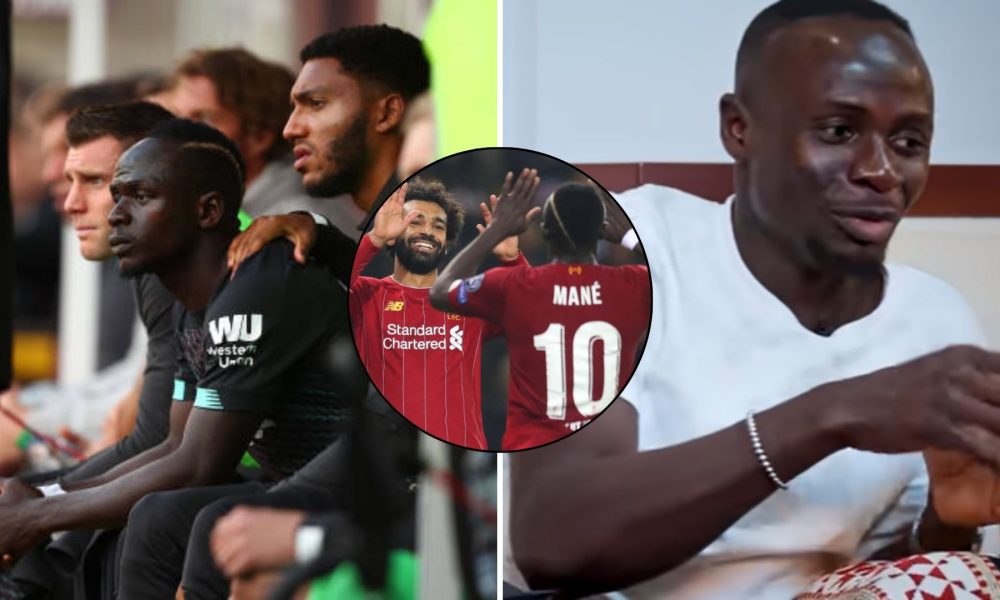 Split image of Sadio Mane vs Burnley and Mane on Rio Ferdinand's podcast with overlay of Salah and Mane celebrating