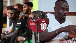 Split image of Sadio Mane vs Burnley and Mane on Rio Ferdinand's podcast with overlay of Salah and Mane celebrating