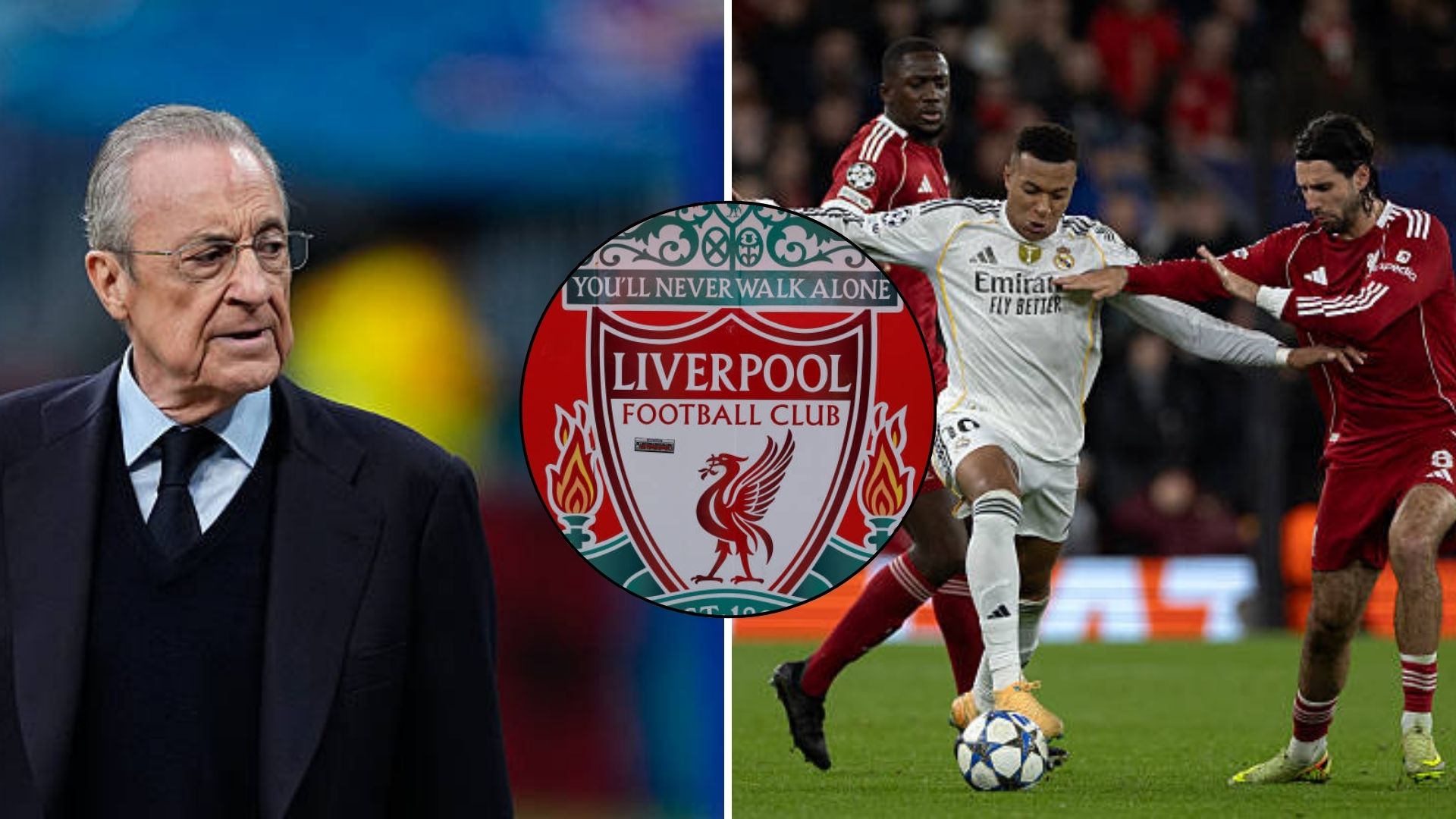 Florentino Perez, Ibrahima Konate, Dominik Szoboszlai and Kylian Mbappe