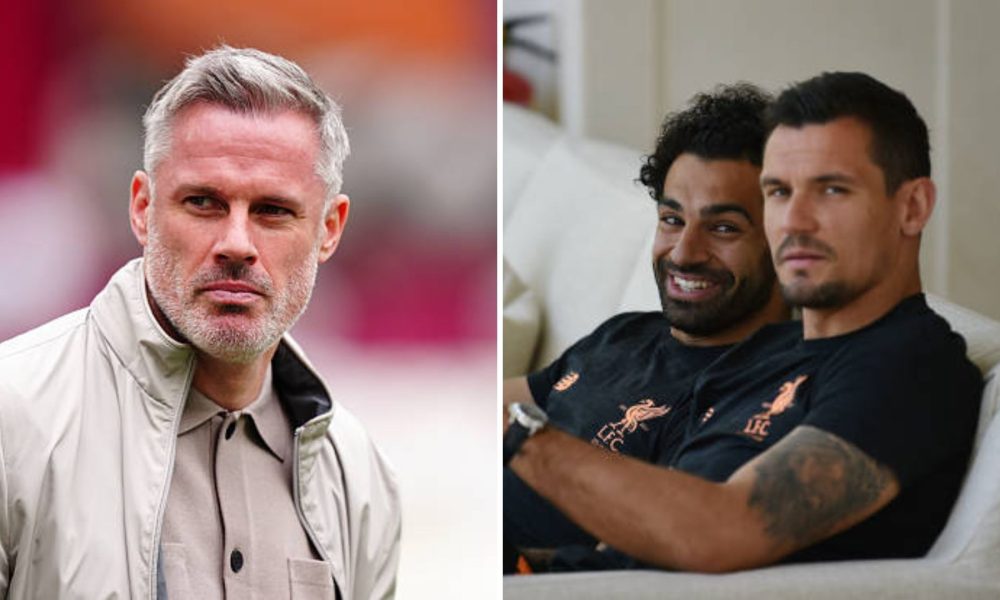 Split image of Jamie Carragher and Dejan Lovren and Salah sitting on the couch
