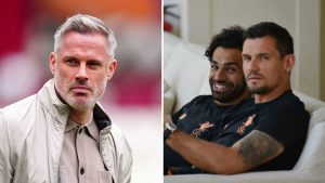 Split image of Jamie Carragher and Dejan Lovren and Salah sitting on the couch
