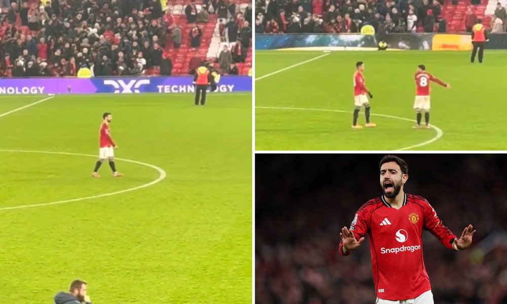 Split images of screen grabs from the incident involving Bruno Fernandes and Bruno Fernandes in action