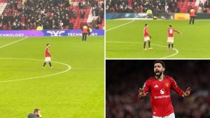 Split images of screen grabs from the incident involving Bruno Fernandes and Bruno Fernandes in action