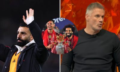 Split image of Mohamed Salah after Leeds game and Jamie Carragher on MNF with overlay of Dejan Lovren and Salah with the Premier League trophy