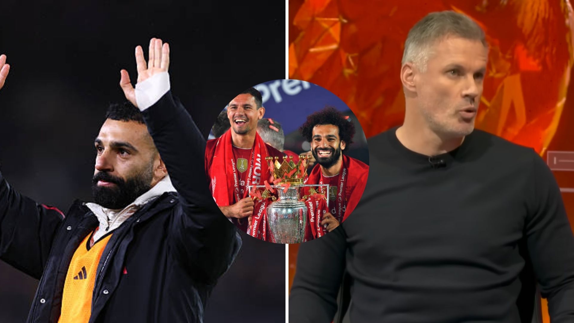 Split image of Mohamed Salah after Leeds game and Jamie Carragher on MNF with overlay of Dejan Lovren and Salah with the Premier League trophy