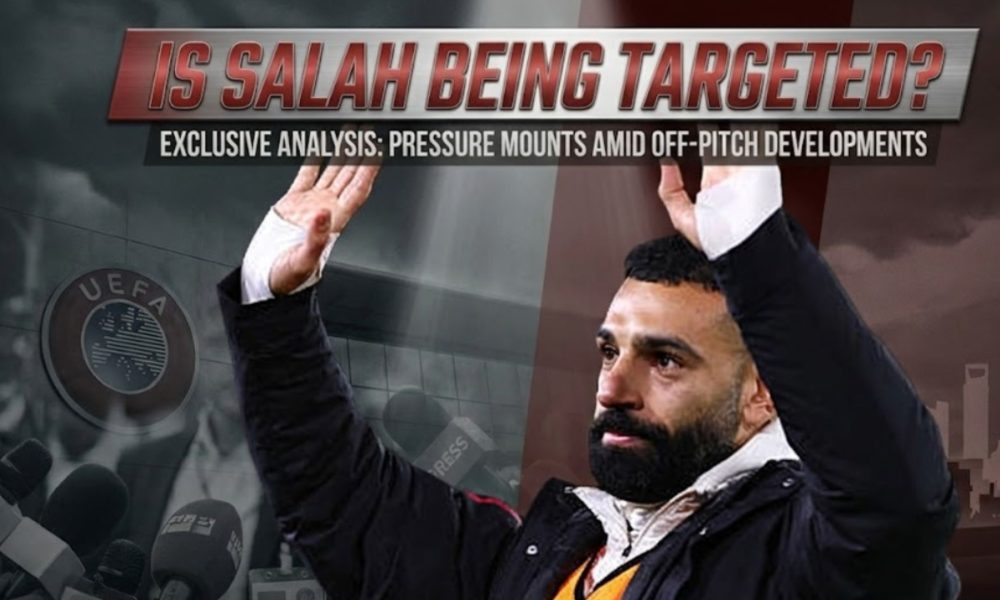 Featured image showing Salah with UEFA and Palestine related images in the background