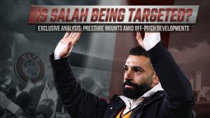 Featured image showing Salah with UEFA and Palestine related images in the background