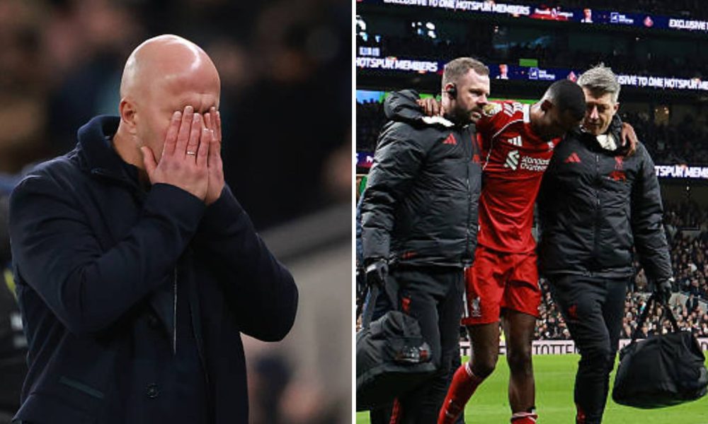 Split image of Arne Slot and Alexander Isak coming off injured vs Tottenham