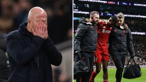 Split image of Arne Slot and Alexander Isak coming off injured vs Tottenham